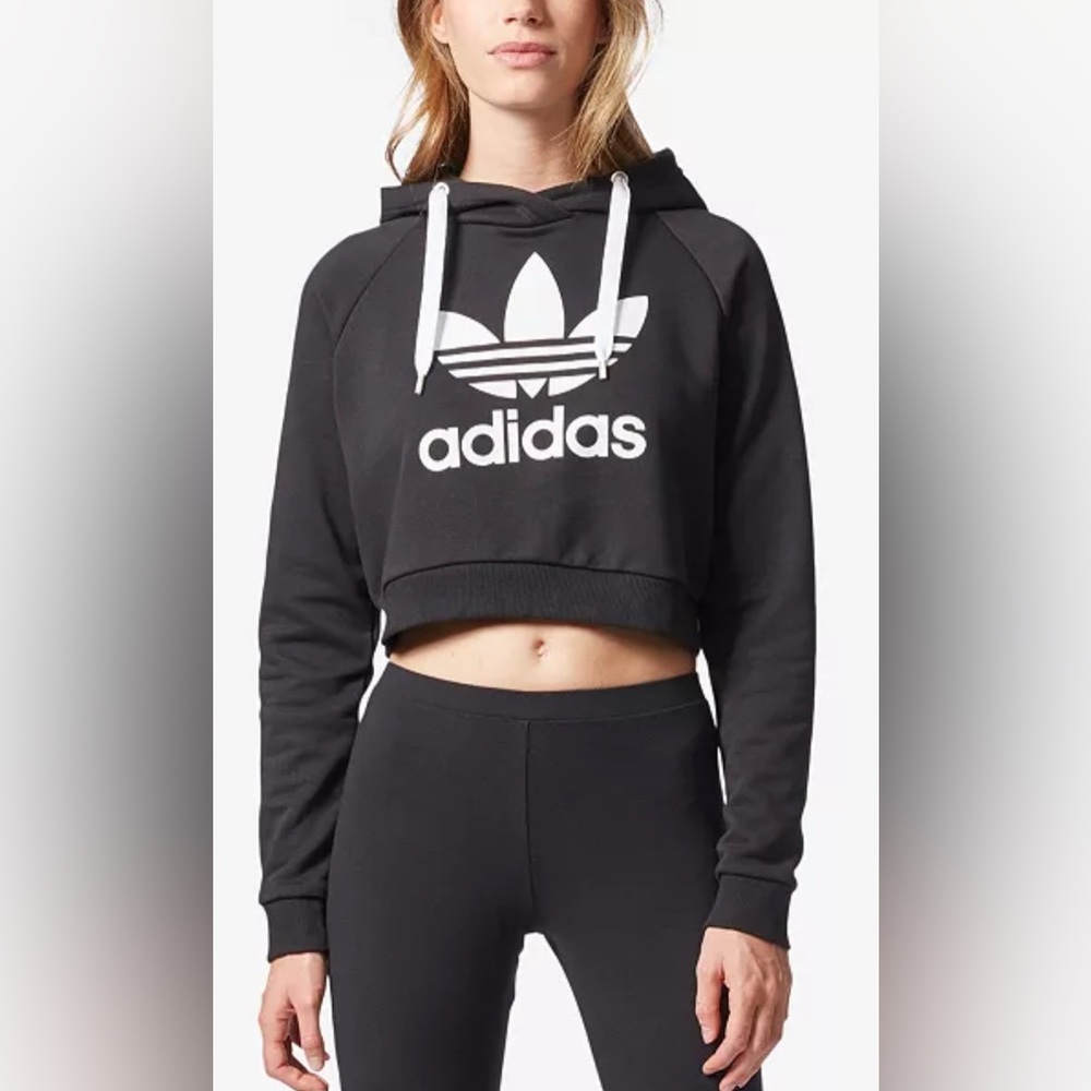 adidas Black Cropped Trefoil Hoodie with White Logo